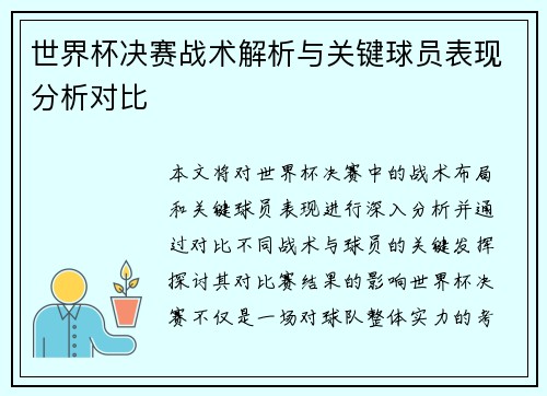 世界杯决赛战术解析与关键球员表现分析对比